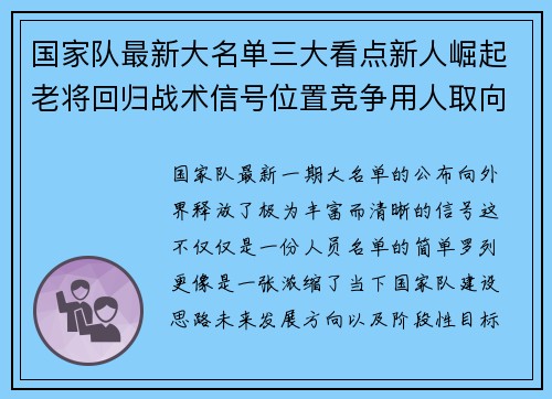 国家队最新大名单三大看点新人崛起老将回归战术信号位置竞争用人取向