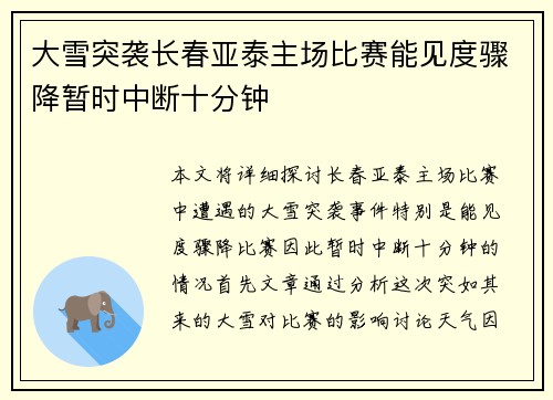 大雪突袭长春亚泰主场比赛能见度骤降暂时中断十分钟 大雪突袭长春亚泰主场比赛能见度骤降暂时中断十分钟